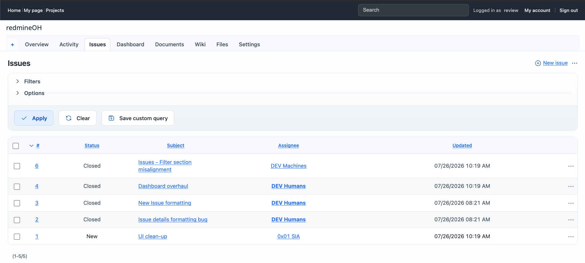 RedmineOH issues page with filters and issue table.