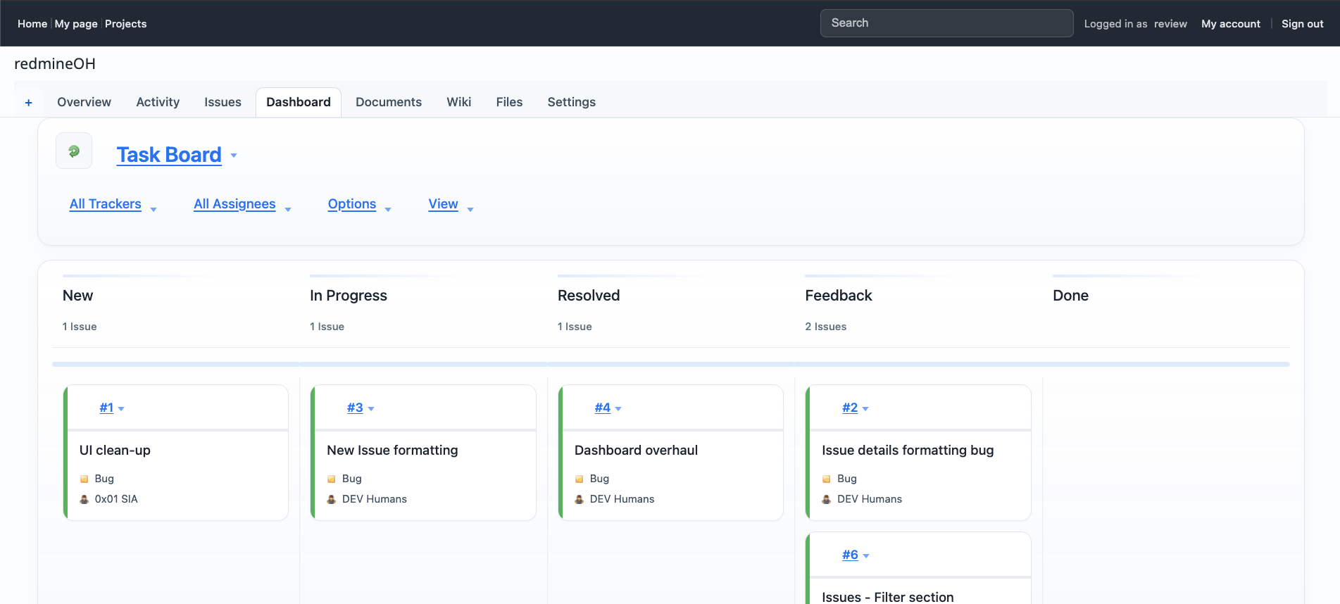 RedmineOH dashboard task board with issue columns and cards.
